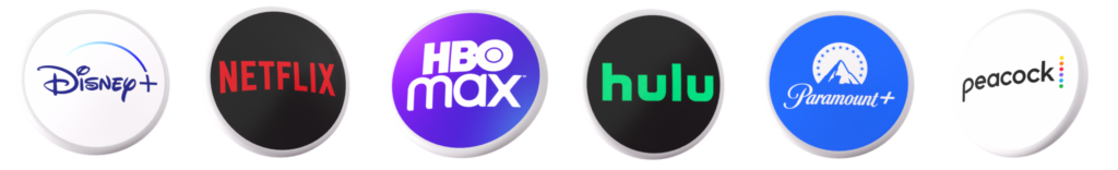 Brand logos for Disney+, Netflix, HBO Max, Hulu, Paramount+, and Peacock. 